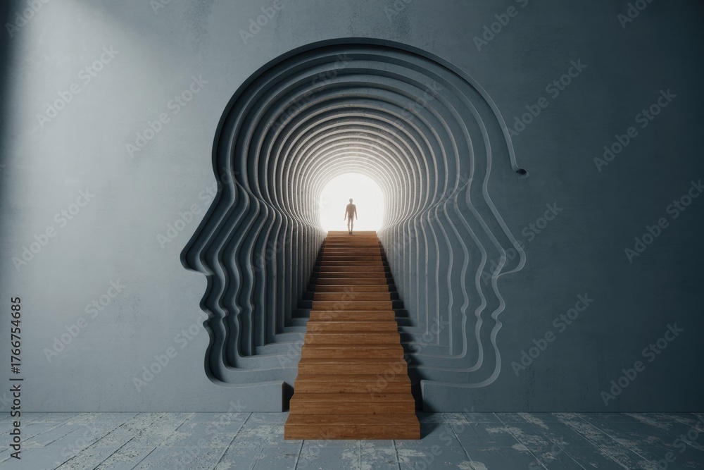 Fototapeta premium Person walking up stairs through layered head silhouette tunnel towards light, concept for mind journey and self discovery