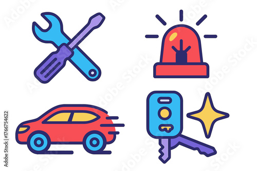 Set of automotive service icons including repair tools, emergency light, fast car, and remote key