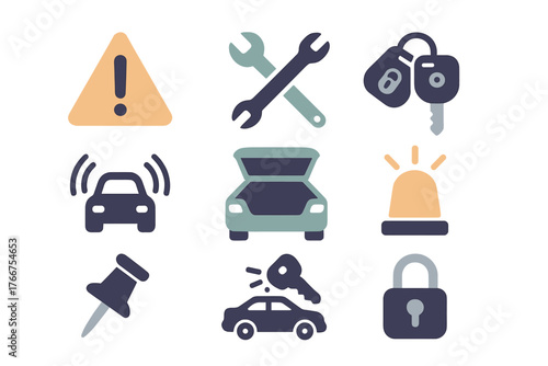 Essential icons for car maintenance, vehicle security, roadside assistance, and automotive repair