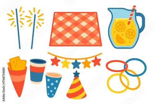 Colorful set of picnic and birthday celebration objects including sparklers, lemonade, and party hats