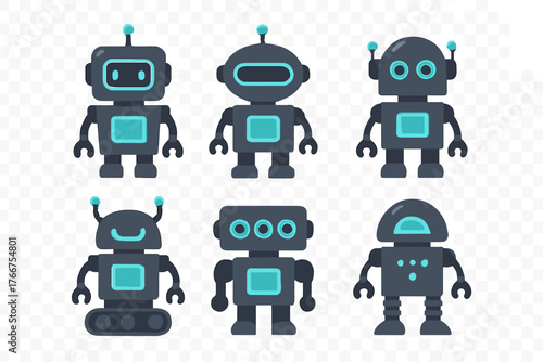 Six adorable futuristic robot characters in dark gray and bright cyan colors