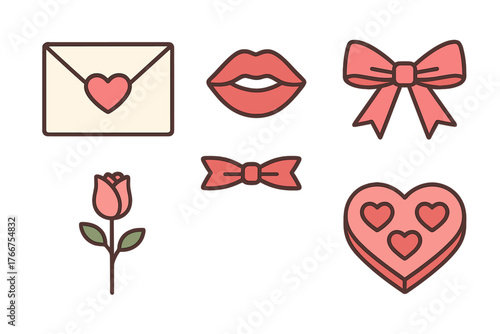 Romantic icons set featuring heart envelope, lips, bows, rose, and chocolate box