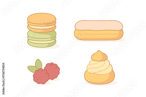 Sweet dessert set featuring stacked macarons, eclair, choux pastry, and ripe raspberries