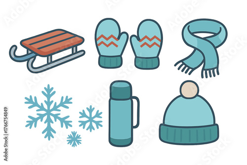 Essential winter season accessories collection including sled mittens scarf hat thermos and snowflakes