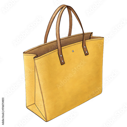 Yellow leather tote bag with brown handles isolated on transparent background isolated on white background