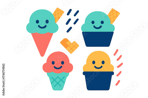 Colorful set of happy ice cream characters in cones and bowls for summer treats
