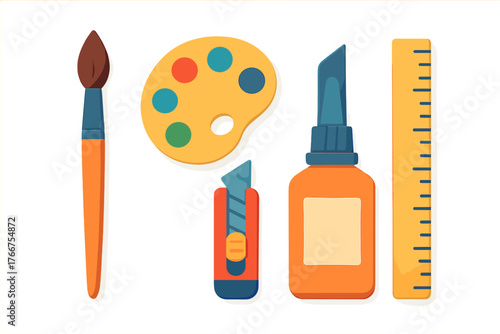 Colorful collection of creative tools and stationery items for art and school projects