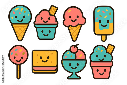 Cute smiling frozen desserts collection including ice cream cones popsicles and sundaes