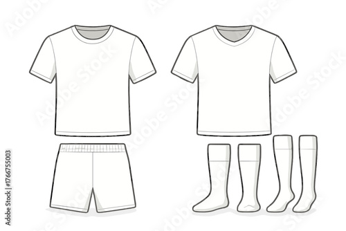 Blank white apparel templates featuring crew neck and V-neck t-shirts, athletic shorts, and knee socks