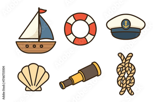 Nautical and maritime icons set featuring sailboat, life buoy, captain hat, and rope knot