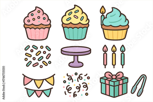 Sweet dessert and celebration icons featuring frosted cupcakes, burning candles, gift box, and festive decorations
