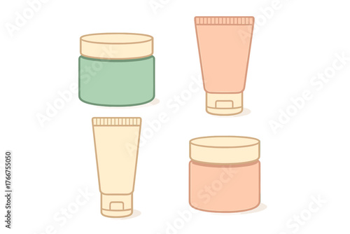Set of four pastel cosmetic containers jars and tubes for beauty products