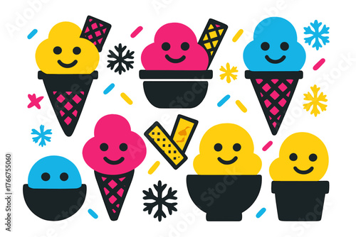 Colorful happy ice cream scoops in cones and bowls decorated with sprinkles and snowflakes