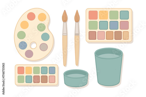 Set of artistic equipment with watercolor palettes, paintbrushes, and water cups in soft pastel colors