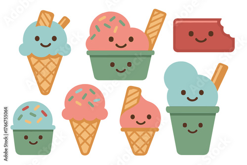 Cute smiling ice cream cones and cups decorated with sprinkles and wafer sticks in pastel colors