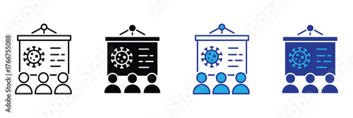 Presentation about coronavirus, with virus icon and audience icons, isolated on white background