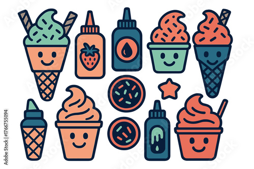 Cute collection of smiling ice cream cones sundaes and dessert toppings