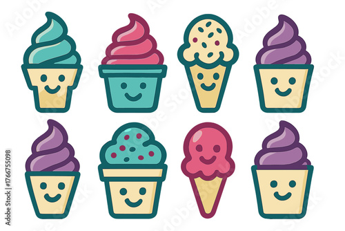 Cute colorful ice cream cones and cups with happy smiling faces and sweet desserts