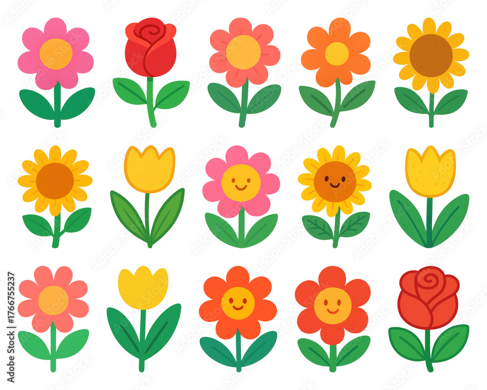 Obraz premium PNG Colorful cartoon flower icons, element set on transparent background