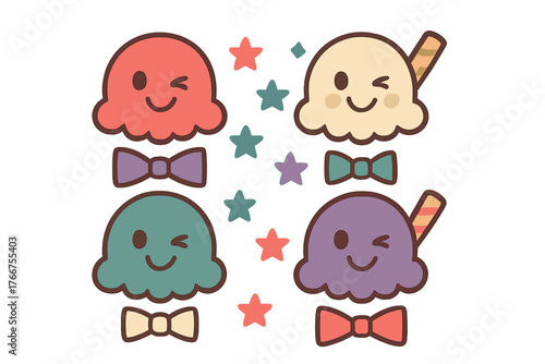 Four colorful ice cream scoops with cute winking faces, decorative bow ties, and scattered stars