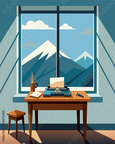 An oldfashioned desk complete with an antique typewriter sits near a grand window overlooking a glistening snowcovered valley a writers dream workspace.. Vector illustration