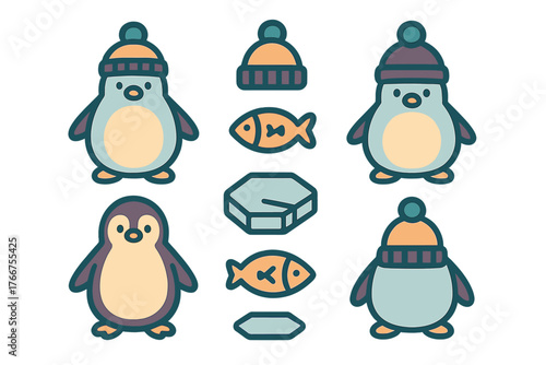 Adorable cartoon penguins wearing knitted hats with fish and arctic ice elements