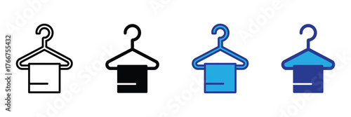 Set of four icons representing a clothes hanger with a towel, in different styles including outline, solid black, and two color variations, isolated on white background