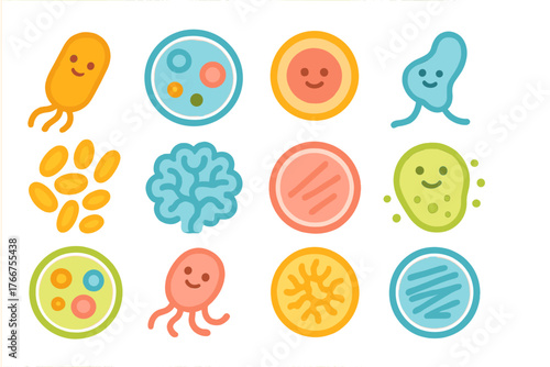 Collection of cheerful microscopic life forms and laboratory dish icons in vibrant colors