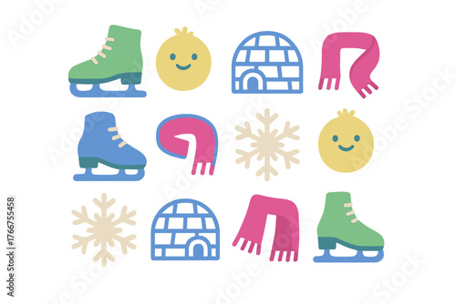 Seamless pattern of cute flat icons for winter sports and cold weather activities