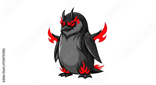 Devilishly cute penguin character with flaming accents ready for branding, mascot, or game design needs, with a playful yet edgy style for diverse use