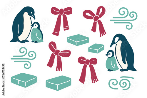 Cute winter holiday elements set with penguins, scarves, ice blocks, and wind swirls