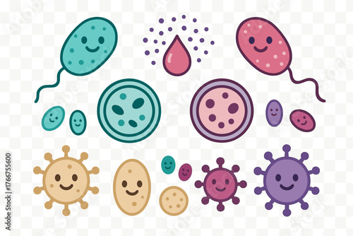Collection of happy cartoon microbes, bacteria, and virus icons