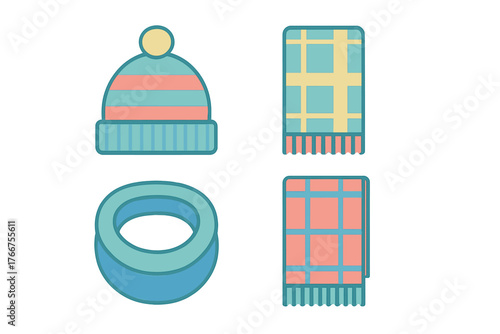 Colorful winter accessories: knit hat, neck warmer, and checkered scarves