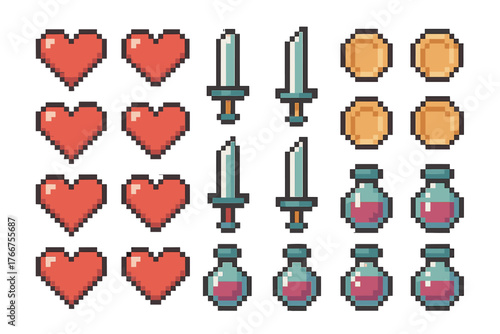 Pixelated game interface icons set with hearts swords coins and potions