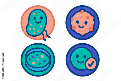 Four happy microbe and cell icons in a set