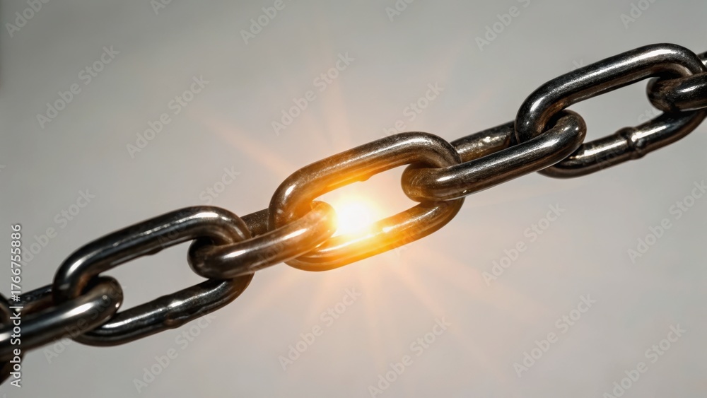 Fototapeta premium A close-up of a metallic chain link with a glowing light, symbolizing strength and connection.