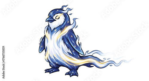 Mystical penguin with glowing energy trails for fantasy game art or magical creature illustrations, perfect for unique character design and animation concepts