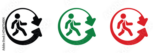 Emergency exit icons in black, green and red offering a clear visual for safety and evacuation directions, suitable for public spaces and building plans, ensuring efficient egress