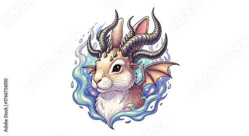 Whimsical horned rabbit with dragon wings surrounded by vibrant blue flames makes for an enchanting fantasy illustration, perfect for storybooks