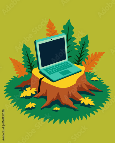 A vibrant carpet of moss and ferns provided a natural cushion for the laptop which was propped up on a tree stump giving the setup an earthy touch.. Vector illustration