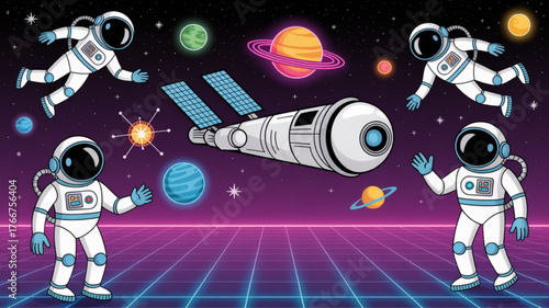 Astronauts floating in space with a space station cartoon vector illustration for science and exploration themes isolated on a retro grid background