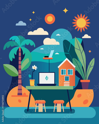 A tranquil escape for digital nomads and remote workers offering a remote working experience like no other.. Vector illustration