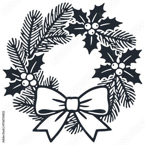 Traditional Christmas wreath with pine branches, holly, and a festive bow. Simple vector icon in a classic monochrome woodcut or linocut stamp style.