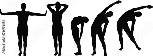 Black silhouette people stretching exercise poses, fitness workout routine, healthy lifestyle activity, yoga warm up, physical therapy, body flexibility training, wellness illustration design