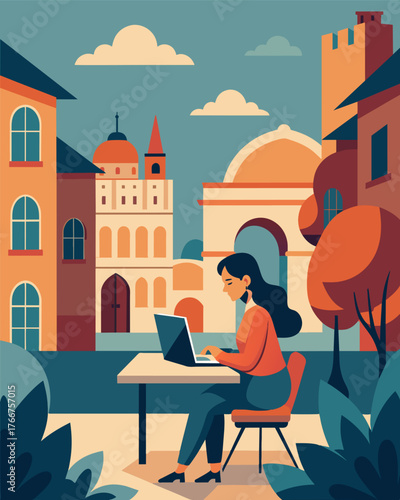 A woman works from the peaceful courtyard of a historic building finding inspiration in the combination of oldworld charm and modern city life.. Vector illustration