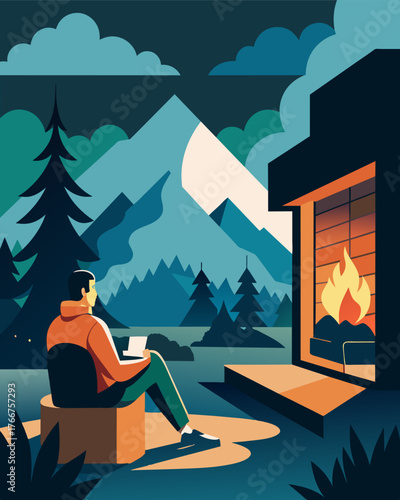 After a day of work a freelance artist relaxes by the fireplace in the lodge taking in the beauty of the surrounding mountains and reflecting on their creative process.. Vector illustration