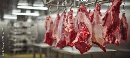 The beef carcasses hanging in an industrial refrigerated meat processing plant under fluorescent lights