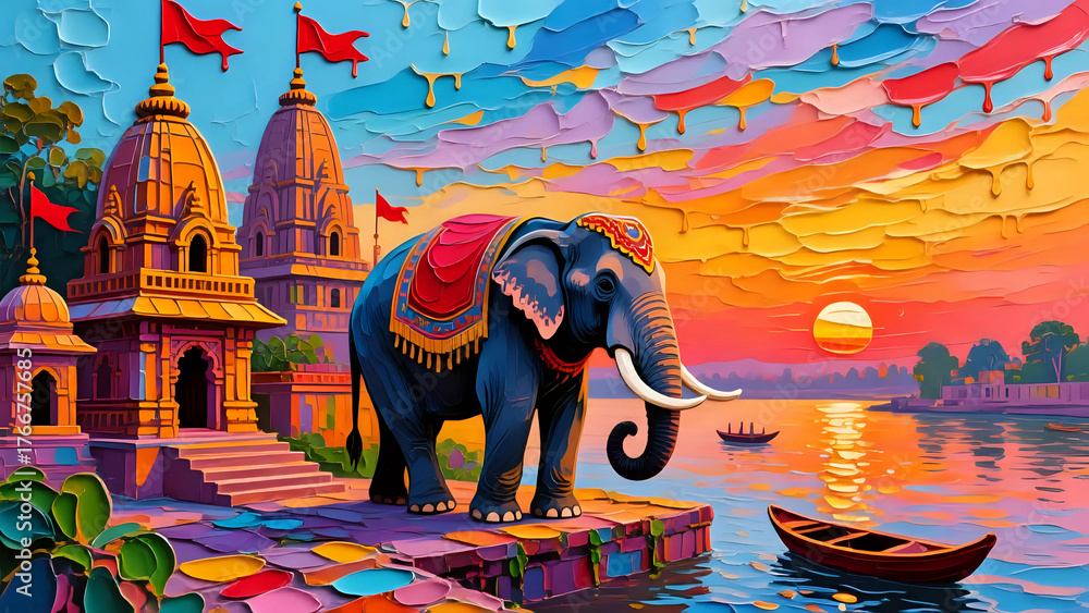 Fototapeta Hindu temple near a river and elephant ।Wall Decor