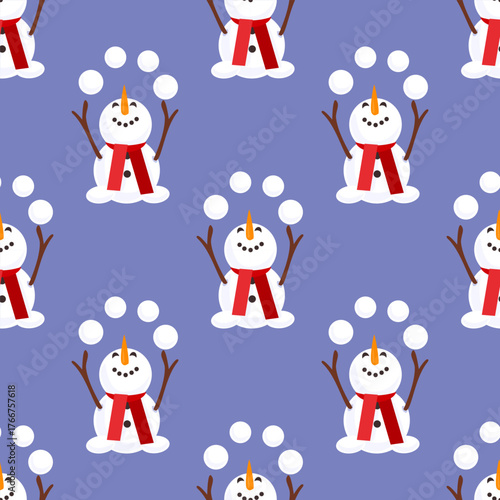 Funny snowman juggling snowballs in a seamless pattern. Playful Christmas design for children’s decor, gift wrap and festive stationery.