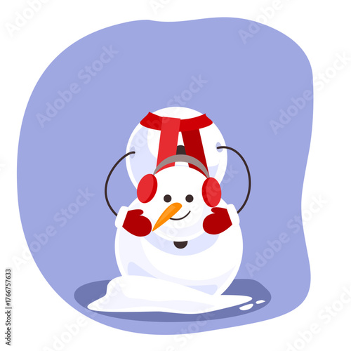 Adorable snowman with earmuffs covering his face, shy and playful pose. Perfect for Christmas cards, children’s prints and festive design.